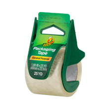 Duck packaging tape roll with green manual dispenser, general purpose, 25 yd clear
