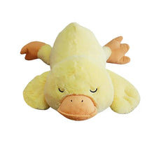 Yellow plush duck with orange beak and closed eyes, soft stuffed Easter styling