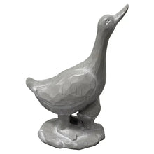 Duck statue, dark gray, side view with wings tucked and beak up on base