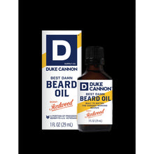 Duke Cannon Best Damn Beard Oil box and bottle, Redwood scent