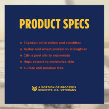 Beard wash product specs panel with yellow header and red bullet points