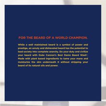 Beard wash description panel with red and gold text on a blue background