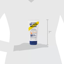 Beard wash tube with size guide, shows 7 in height, white/blue/yellow label