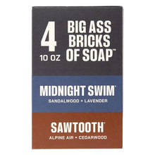 Men's soap 4-pack box with Midnight Swim and Sawtooth scent panels