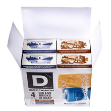 Open soap brick 4-pack box showing four bars and scent label inserts