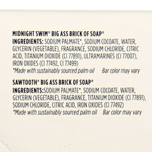 Soap ingredient label listing palmitate, cocoate, glycerin, fragrance, and citric acid