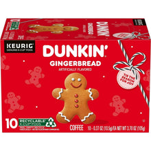 Dunkin' Gingerbread artificially flavored coffee K-Cup pods box with gingerbread man art