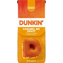 Dunkin' caramel flavored ground coffee bag, front label with caramel me crazy
