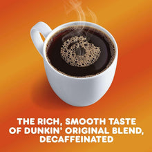 Decaffeinated ground coffee cup with steam, label text about rich smooth taste