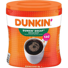 Dunkin' Decaf medium roast ground coffee container, orange lid and patterned tub