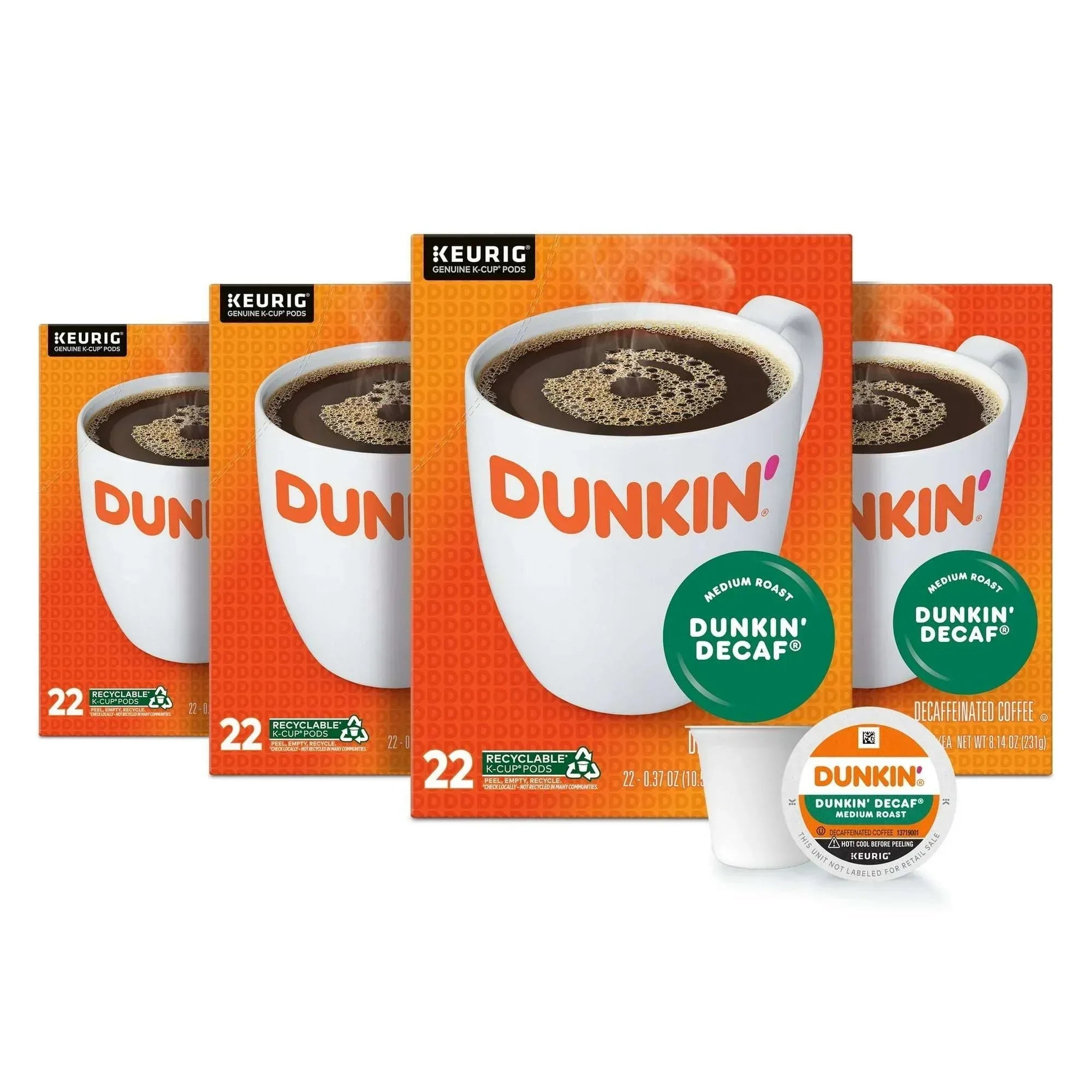 Dunkin’ Decaf Medium Roast Coffee, Keurig K Cup Pods, 22 Count Box
