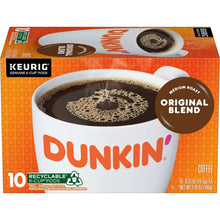 Dunkin Original Blend medium roast coffee pod box with “Keurig” label and mug graphic