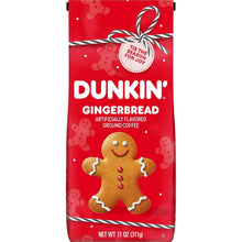 Dunkin’ gingerbread ground coffee bag in red with gingerbread man graphic