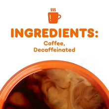 Decaffeinated ground coffee label: Ingredients Coffee, Decaffeinated with cup graphic