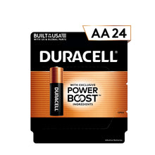 Duracell AA alkaline 24-pack with copper AA batteries on package