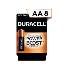 AA alkaline batteries 8-pack with copper-toned cells and black Duracell packaging