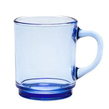 Clear glass stackable mug with loop handle and blue-tinted base