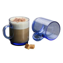 Blue glass stackable mugs with rounded handles and drink inside