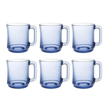 Blue glass stackable mugs, 6-pack with loop handles