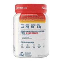 Protein powder tub back label with nutrition facts and directions; red-and-white panel.