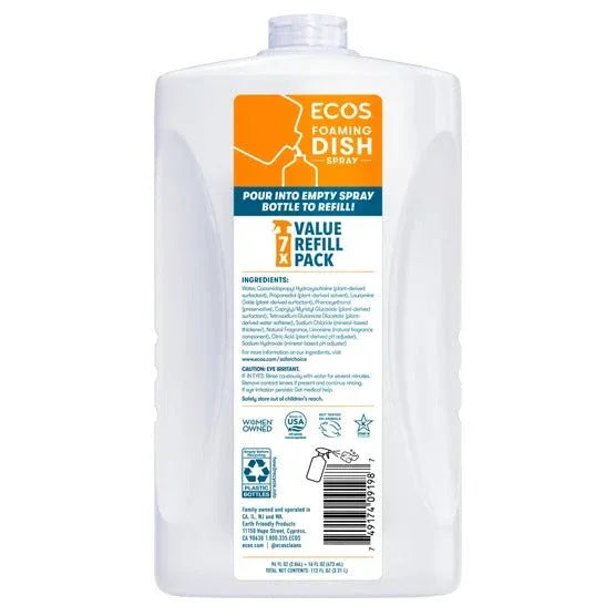 ECOS Foaming Dish Soap Spray, Lemon, 16 fl oz + 96 fl oz Refill - USA MEGA SHOP