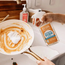 ECOS foaming dish soap spray bottle spraying onto dirty plate, lemon