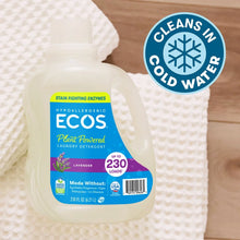 ECOS lavender laundry detergent bottle on white fabric with Clean in cold water seal