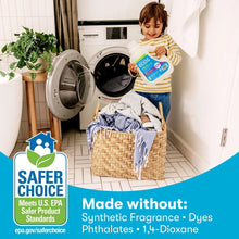 Lavender hypoallergenic detergent bottle beside front-load washer with Safer Choice badge