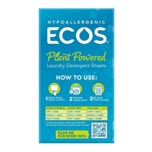 ECOS Plant Powered laundry detergent sheet pack, how to use chart on back