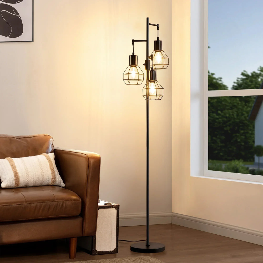 EDISHINE 65IN Farmhouse Industrial Black Floor Lamps for Living Room, Dimmable, Metal Standing Tree Lamp for Bedroom, Office, Home Decor, Lighting, 3 LED Bulb Included - USA MEGA SHOP
