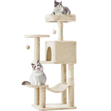 Beige multi-level cat tree tower with condos, platforms, dangling toy ball, and hammock