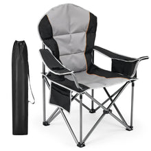 Oversized camping folding chair in black and gray with padded seat and armrests