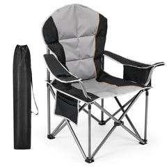 EDX Oversized Camping Folding Chair, Heavy Duty Padded Chair with Cup Holder Storage and Cooler Bag, 5000 LBS Steel Frame, Portable for Outdoor,Black Gray