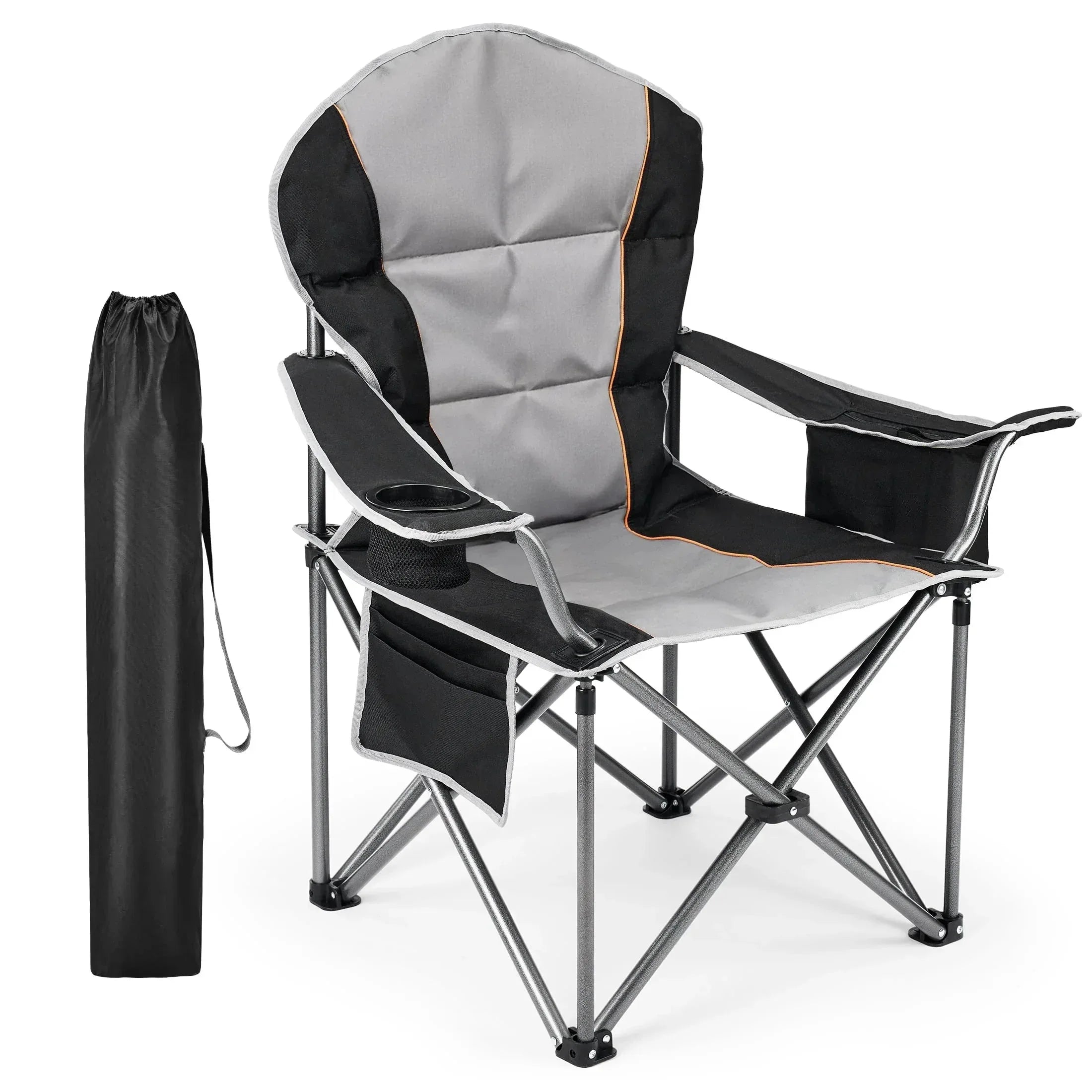EDX Oversized Camping Folding Chair, Heavy Duty Padded Chair with Cup Holder Storage and Cooler Bag, 5000 LBS Steel Frame, Portable for Outdoor,Black Gray - USA MEGA SHOP
