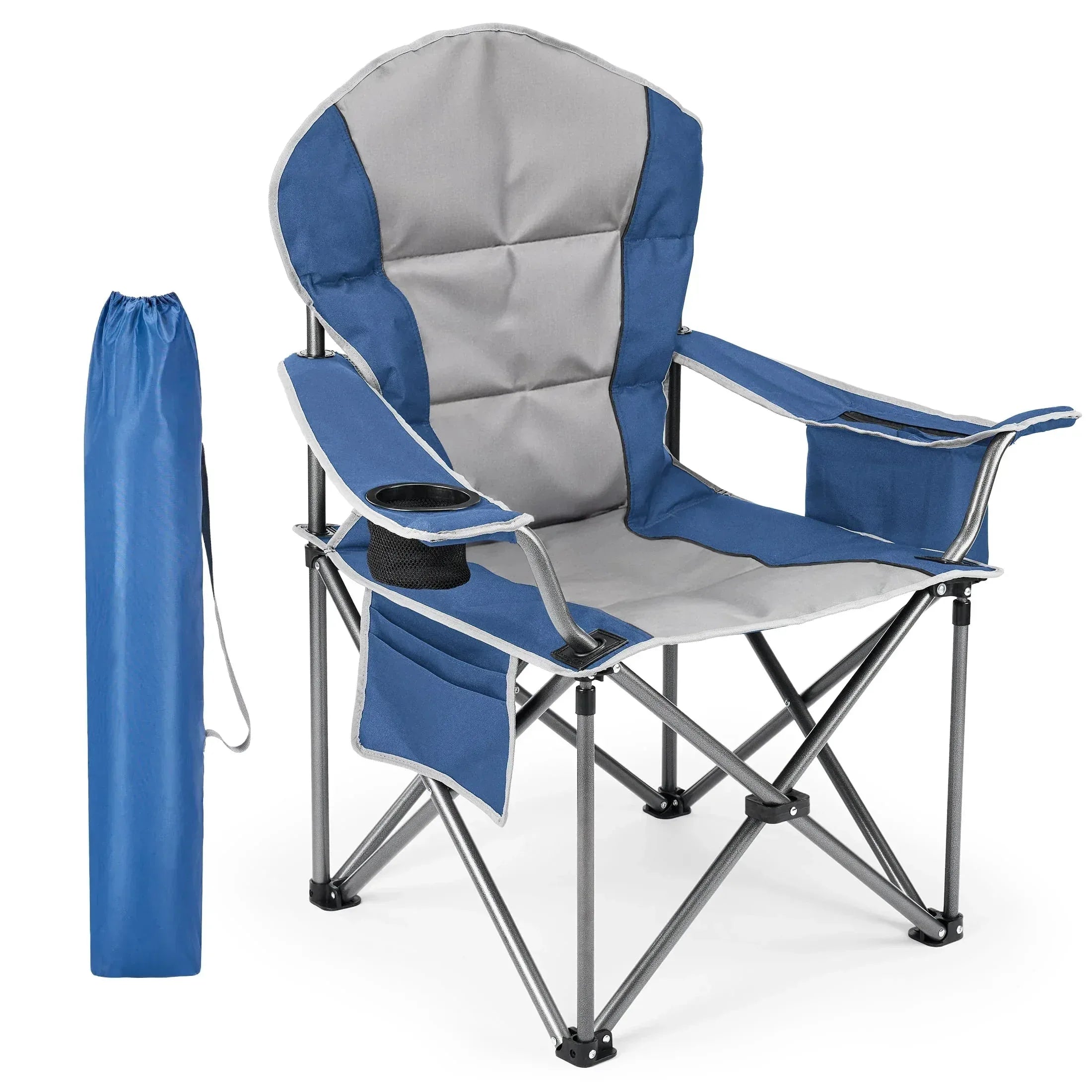 EDX Oversized Camping Folding Chair, Heavy Duty Padded Chair with Cup Holder Storage and Cooler Bag, 5000 LBS Steel Frame, Portable for Outdoor,Black Gray - USA MEGA SHOP