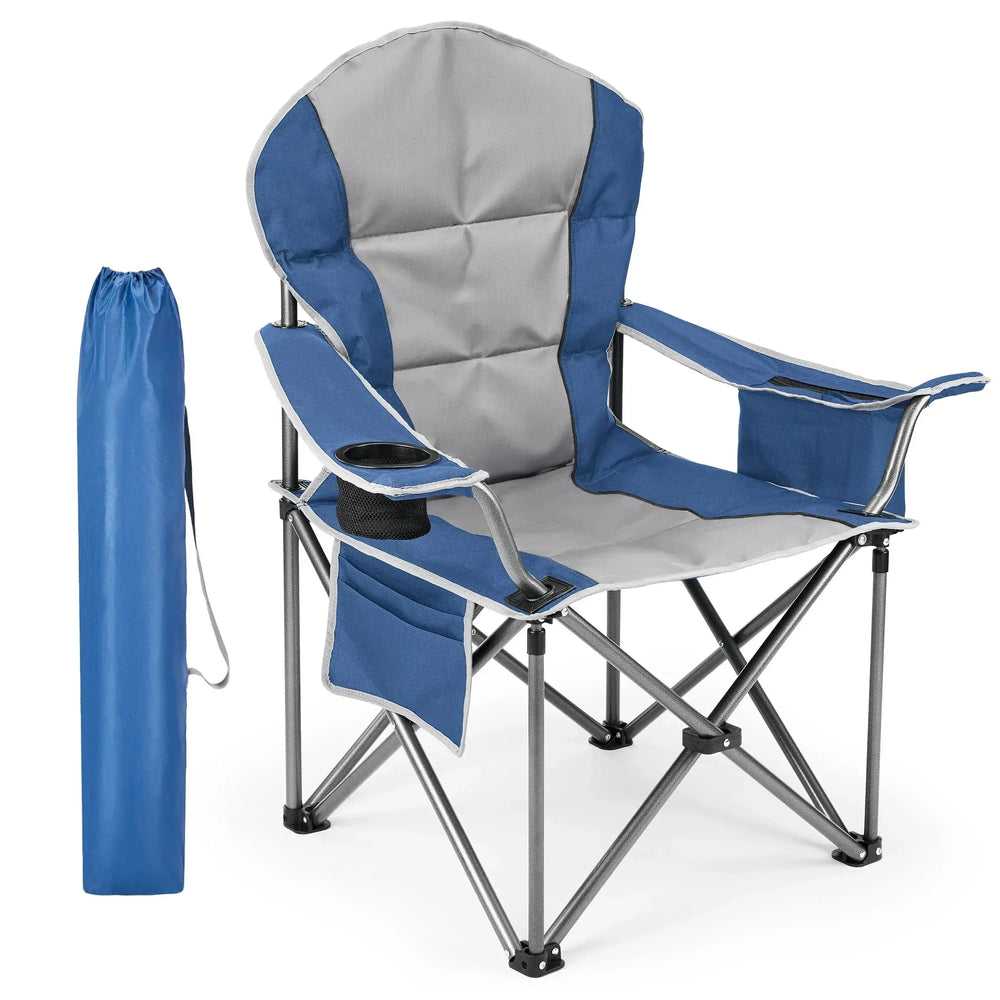 EDX Oversized Camping Folding Chair, Heavy Duty Padded Chair with Cup Holder Storage and Cooler Bag, 5000 LBS Steel Frame, Portable for Outdoor,Black Gray - USA MEGA SHOP