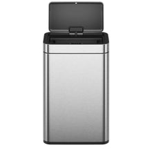 Matte stainless steel motion sensor trash can with hinged lid open
