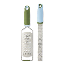 Handheld grater set: green and blue with stainless box grater faces