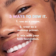 Smiling face with shiny, dewy serum finish on skin