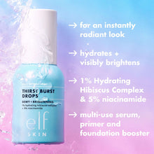 e.l.f. SKIN Thirst Burst Drops gel serum bottle beside water splash