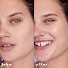 Side-by-side face close-up showing dewy, glowing skin after serum