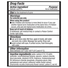 Drug Facts label on salicylic acid 2% acne medication bottle