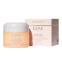 ESPA Optimal Skin Pro-Moisturizer jar and box, beige label, gray foam-style lid.