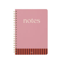 Pink hardcover spiral notebook with 'notes' text on front