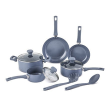 Blue ceramic non-stick cookware set with pots, pans, and utensils, 10-piece