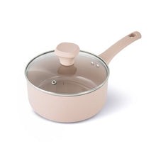 2 qt pink ceramic non-stick saucepan with glass lid and pale handle knob