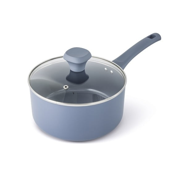 Blue ceramic non-stick sauce pan with clear lid and long handle