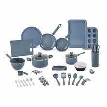 Blue ceramic non-stick cookware set with pots, pans, lids, utensils, and storage