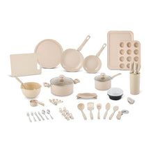 Ceramic non-stick cookware set with pans, lids, utensils, and storage caddy, rose tone