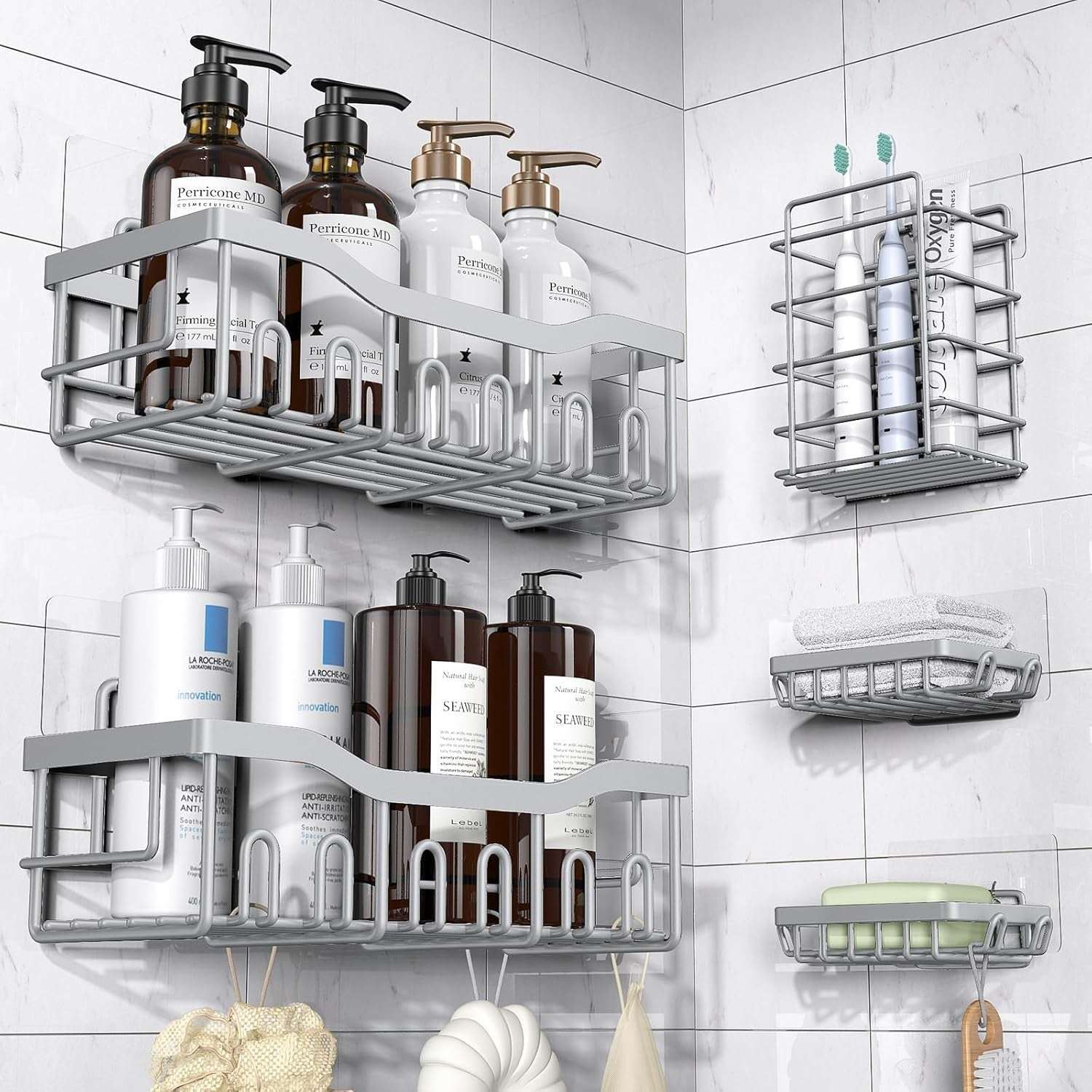 EUDELE Adhesive Shower Caddy, 5 Pack Rustproof Stainless Steel Bath Organizers With Large Capacity, No Drilling Shelves for Bathroom Storage & Home Decor